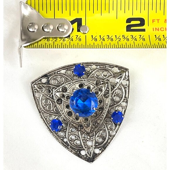 Vintage Silver-Tone Filigree Triangle Brooch With Blue Rhinestones - Picture 6 of 6